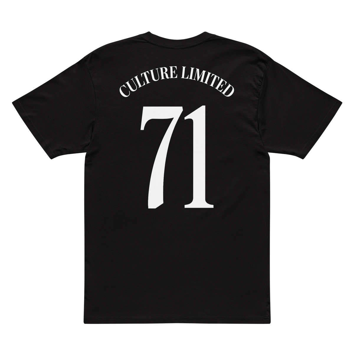 Black t-shirt with 'CULTURE LIMITED 71' text on a white background