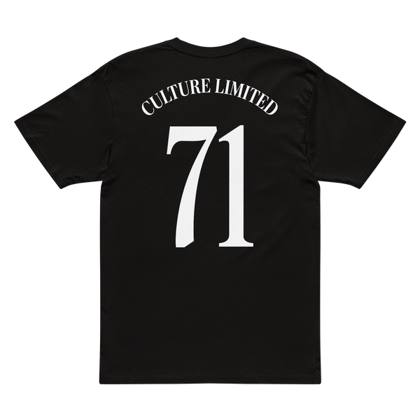 Black t-shirt with 'CULTURE LIMITED 71' text on a white background