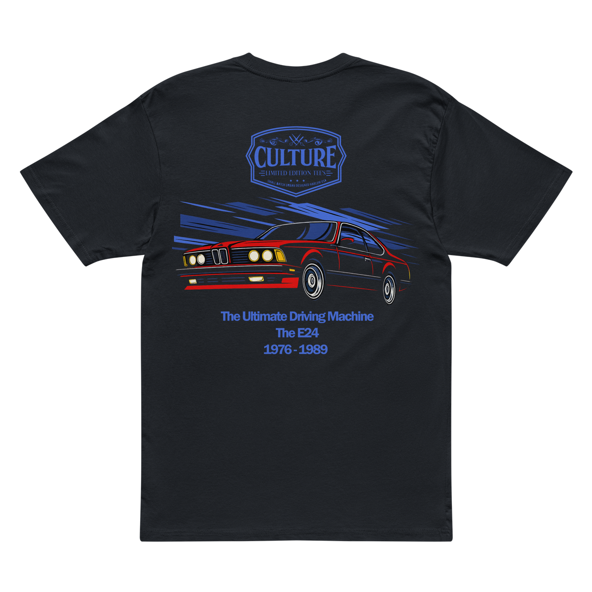 Dark Navy t-shirt with BMW E24 car graphic and 'Culture' branding on a white background