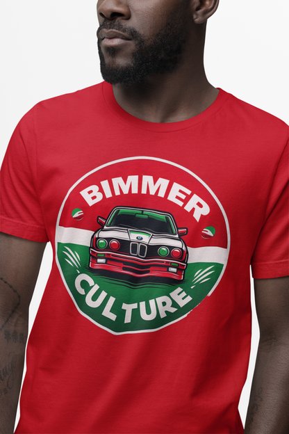 Red t-shirt with 'Bimmer Culture' graphic featuring a BMW M3 design on multiple color backgrounds