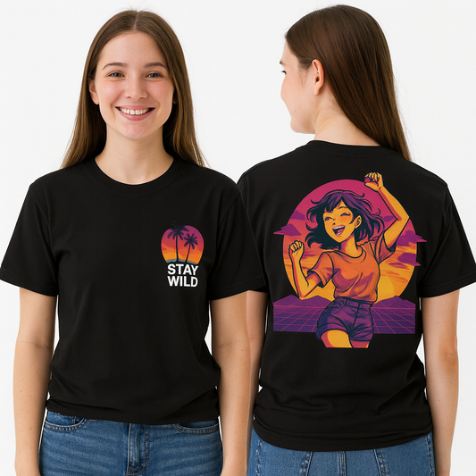 Back: “Anime girl dancing in synthwave grid sunset graphic on black tee”
