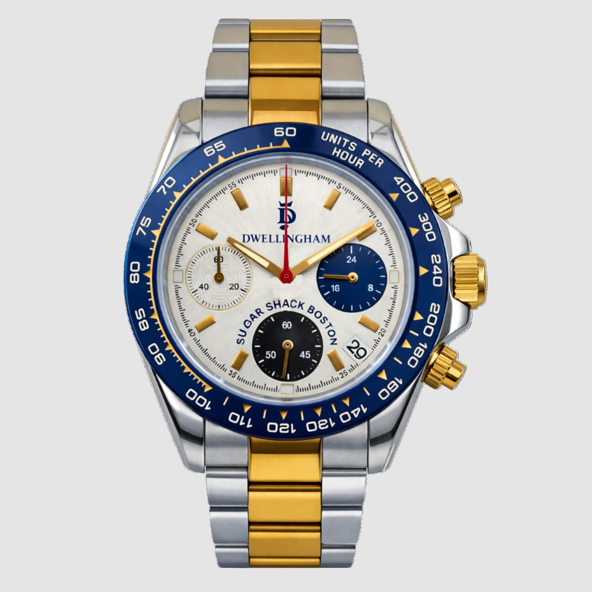Luxury chronograph watch with silver and gold band on a white background
