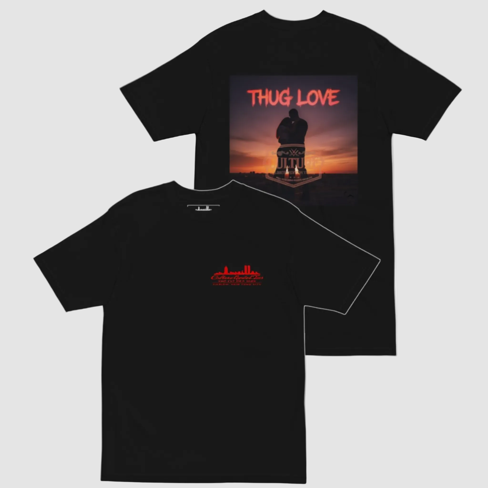 Black t-shirt with 'Thug Love' graphic design on a plain background