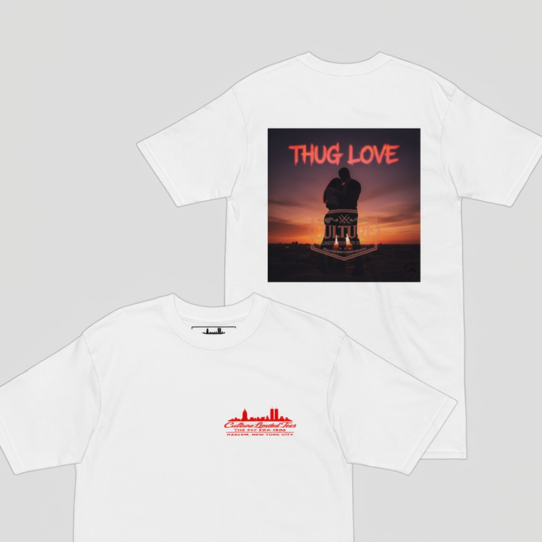 White t-shirt with 'Thug Love' graphic design on a white background