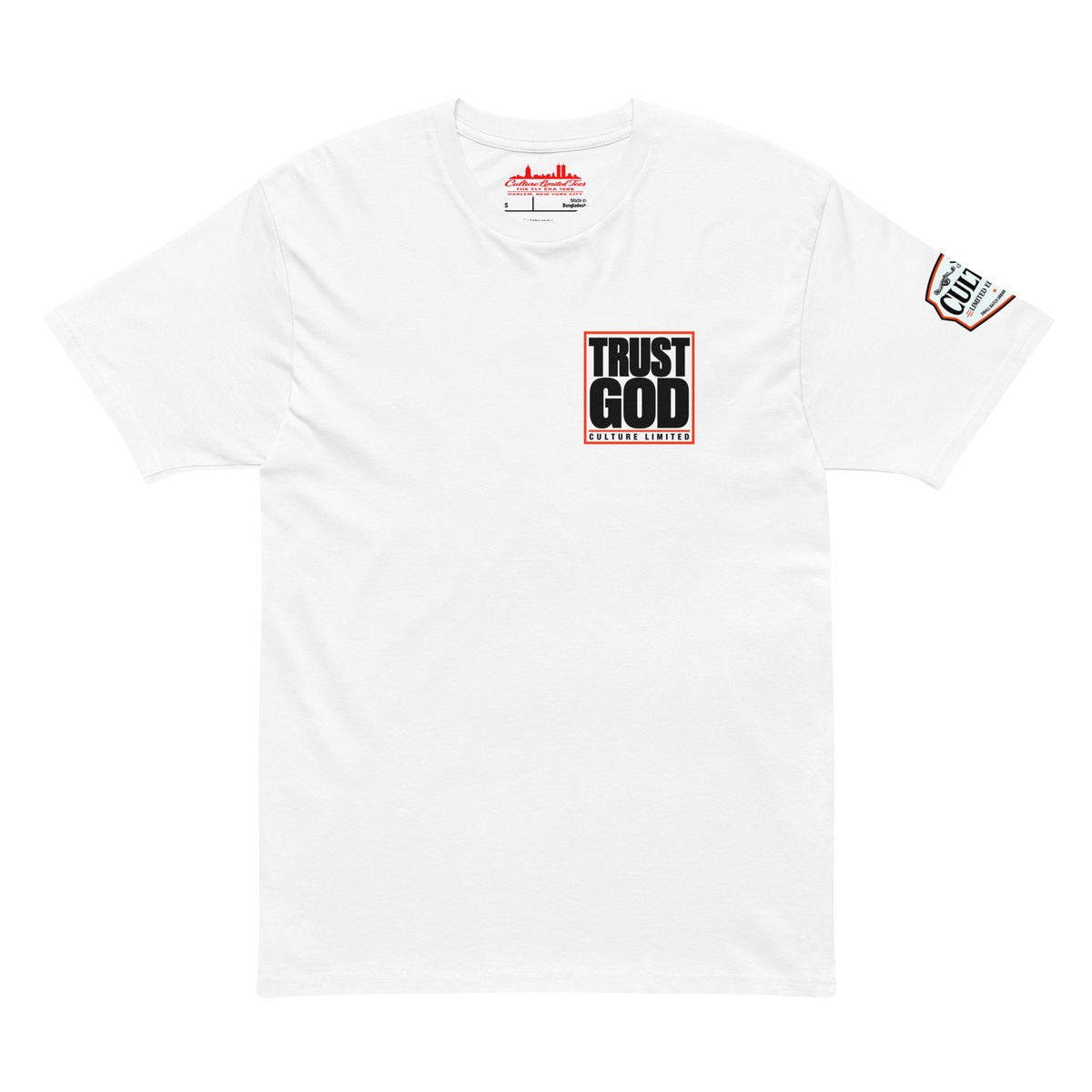 White t-shirt with 'Trust God' text on a white background