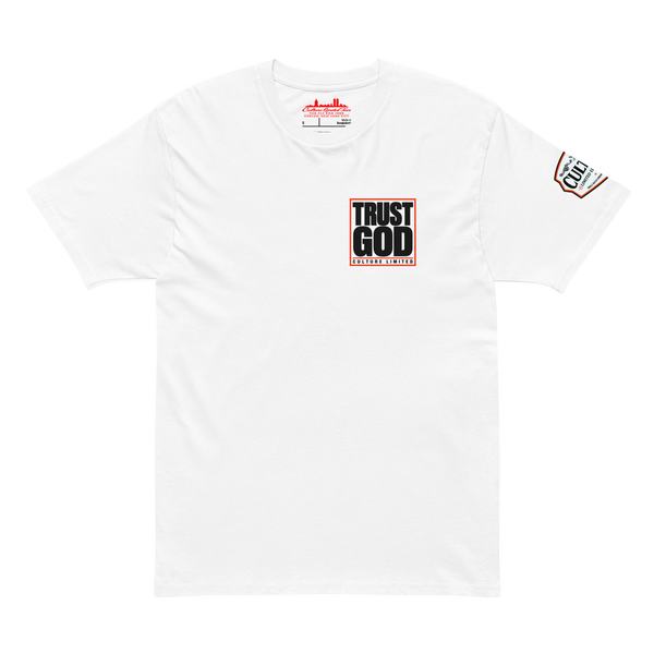 White t-shirt with 'Trust God' text on a white background