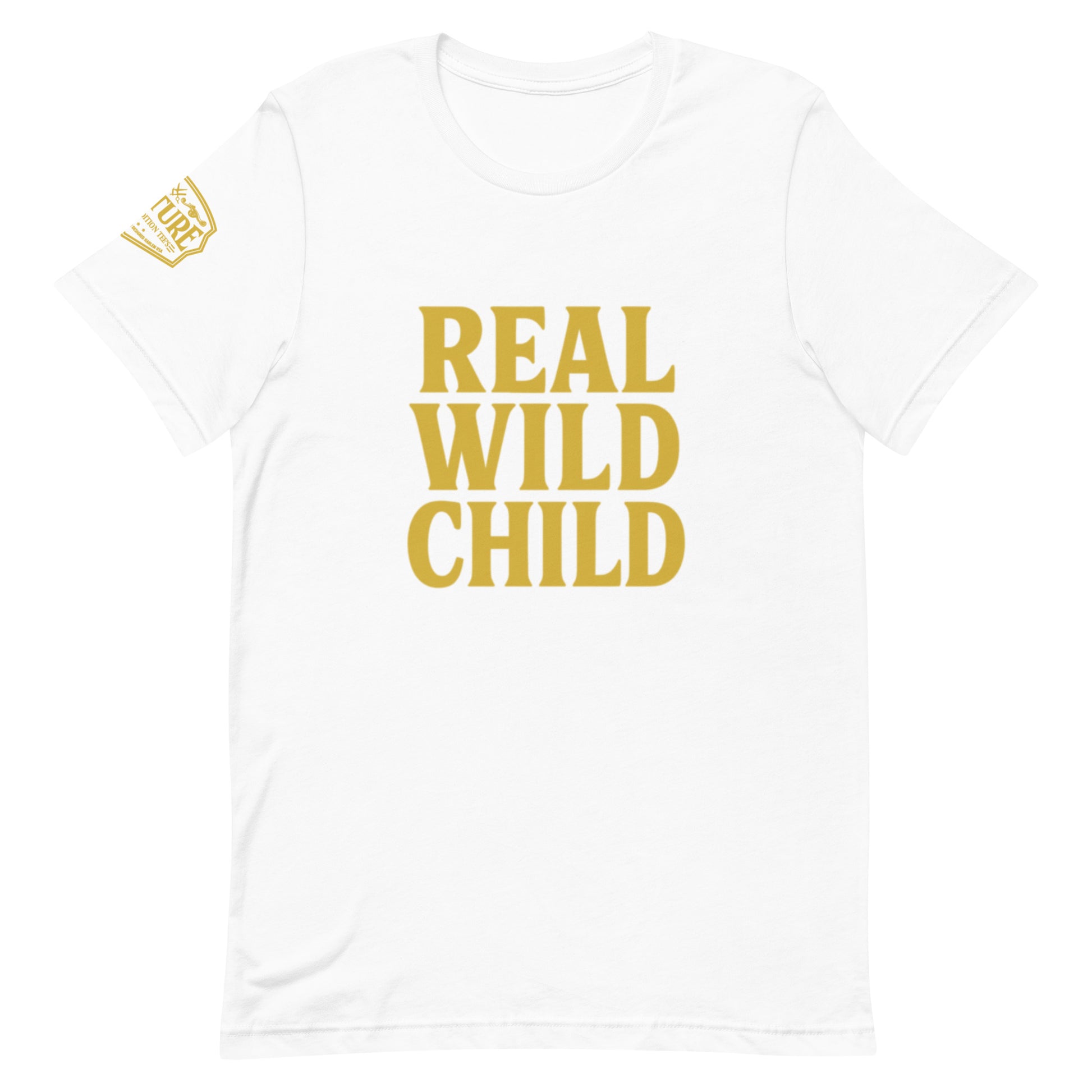 Product mockup Women’s tee with “Real Wild Child” in bold gold letters, available in white and black, gold Culture logo on right sleeve