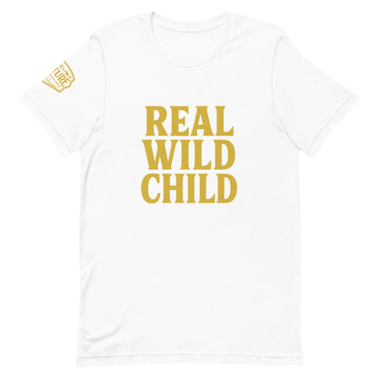Product mockup Women’s tee with “Real Wild Child” in bold gold letters, available in white and black, gold Culture logo on right sleeve
