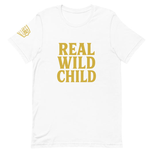 Product mockup Women’s tee with “Real Wild Child” in bold gold letters, available in white and black, gold Culture logo on right sleeve