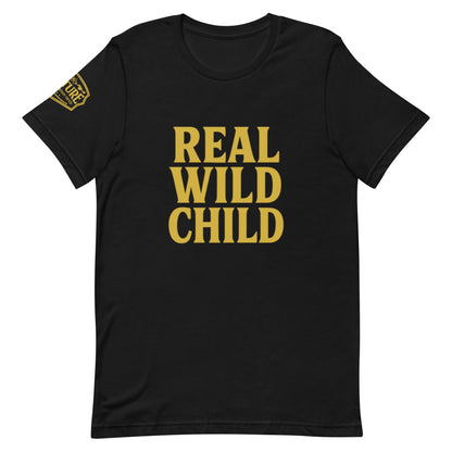 Product mockup Women’s tee with “Real Wild Child” in bold gold letters, available in white and black, gold Culture logo on sleeve
