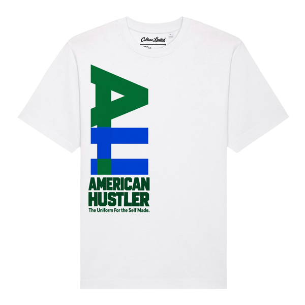 American Hustler Benet Heavyweight Tee in White with green and blue AH graphic, front