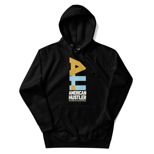 American Hustler Benet Wheat Unisex Hoodie in Black, full front view, gold and pale blue AH artwork
