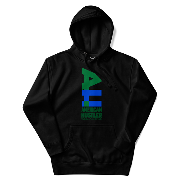 American Hustler Benet Unisex Hoodie in Black, full front view with green and blue AH graphic