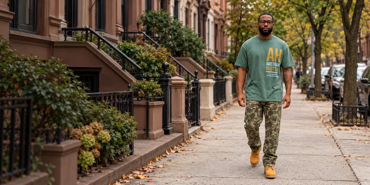 Model wearing a green American Hustler graphic tee, camouflage trousers and wheat boots on a brownstone-lined sidewalk.