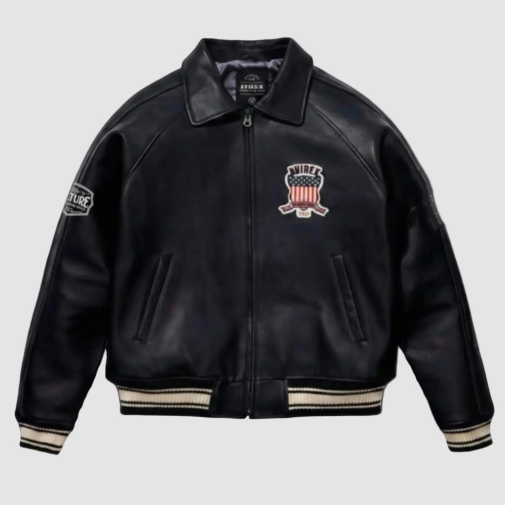 Black leather jacket with a logo on a white background