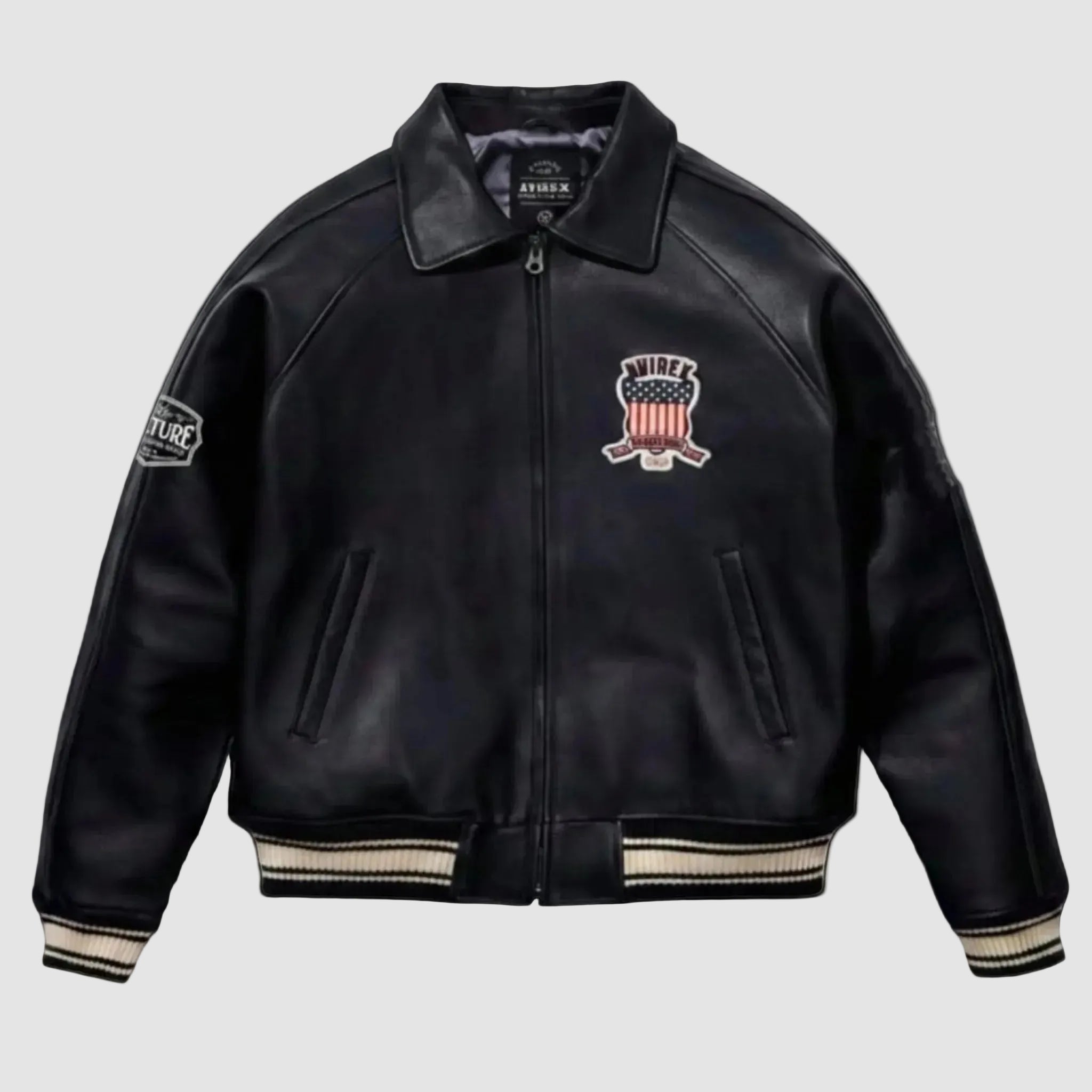 Black leather jacket with a logo on a white background