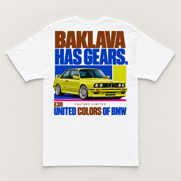 Bimmer Culture Baklava Has Gears E30 white tee, back view on a warm neutral background