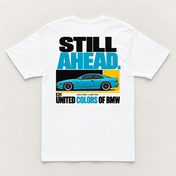 Bimmer Culture Still Ahead E31 white tee, back view on a warm neutral background