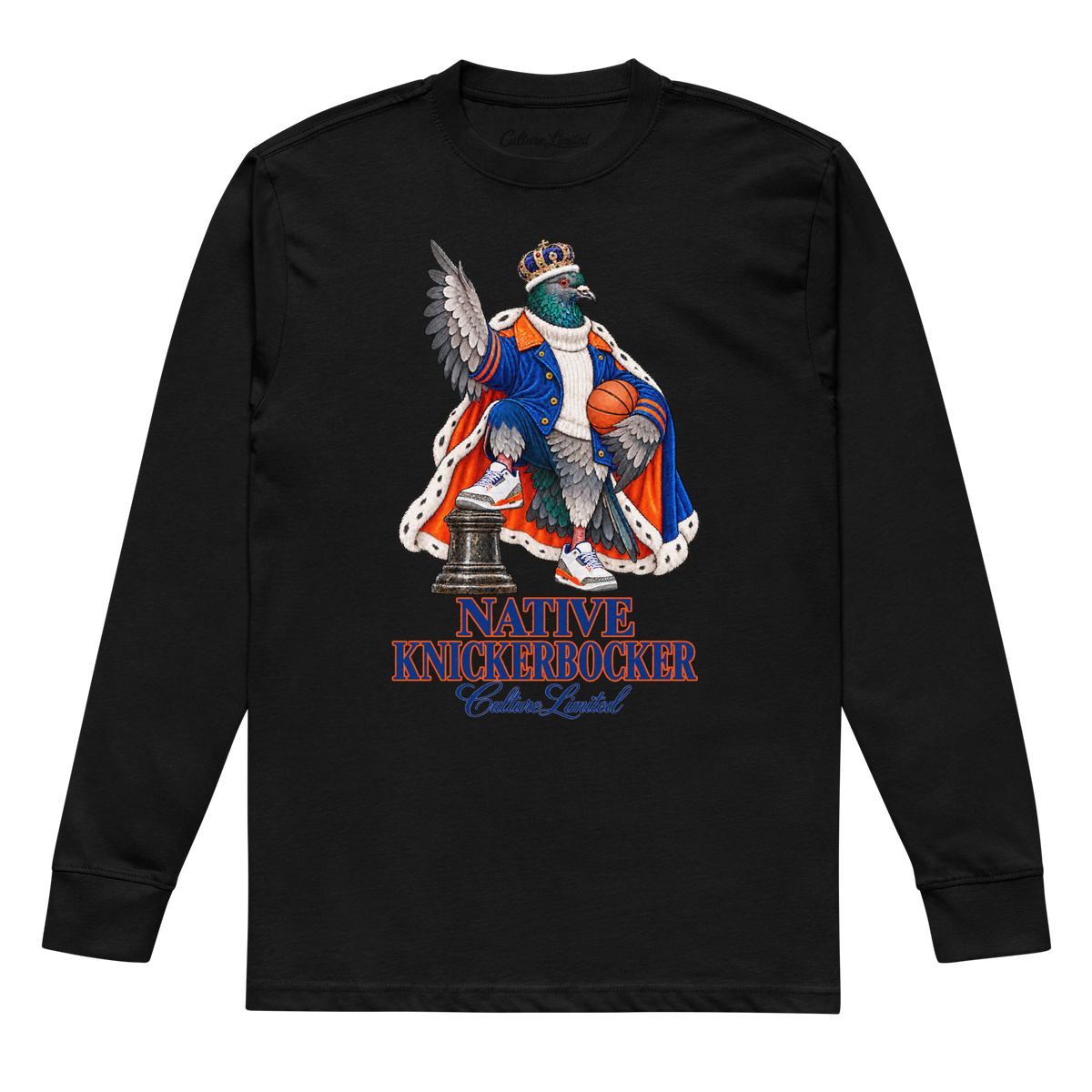 Birdnard The King Knickerbocker heavyweight long sleeve in black, front view with crowned basketball pigeon graphic
