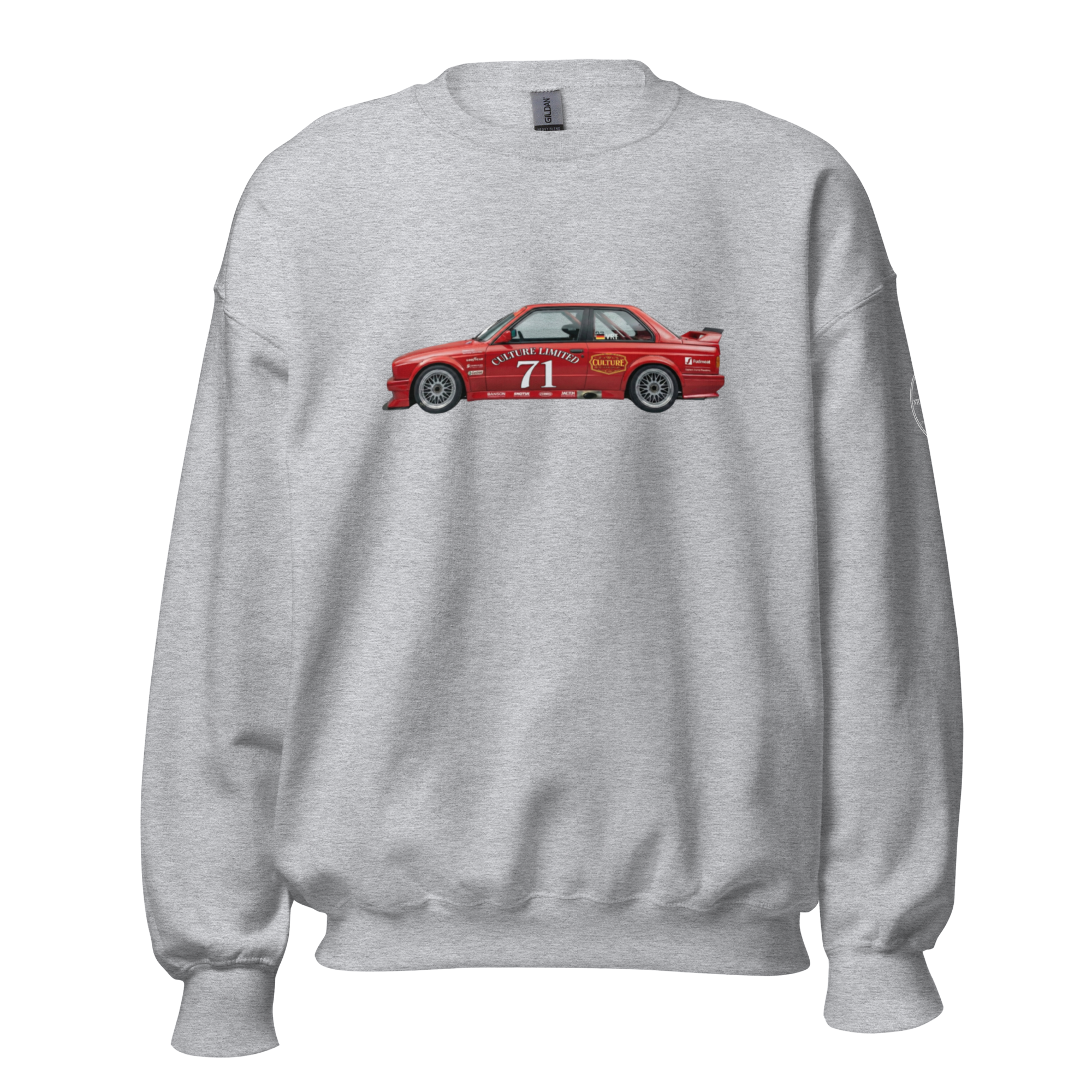 Gray sweatshirt with a red car graphic on a white background