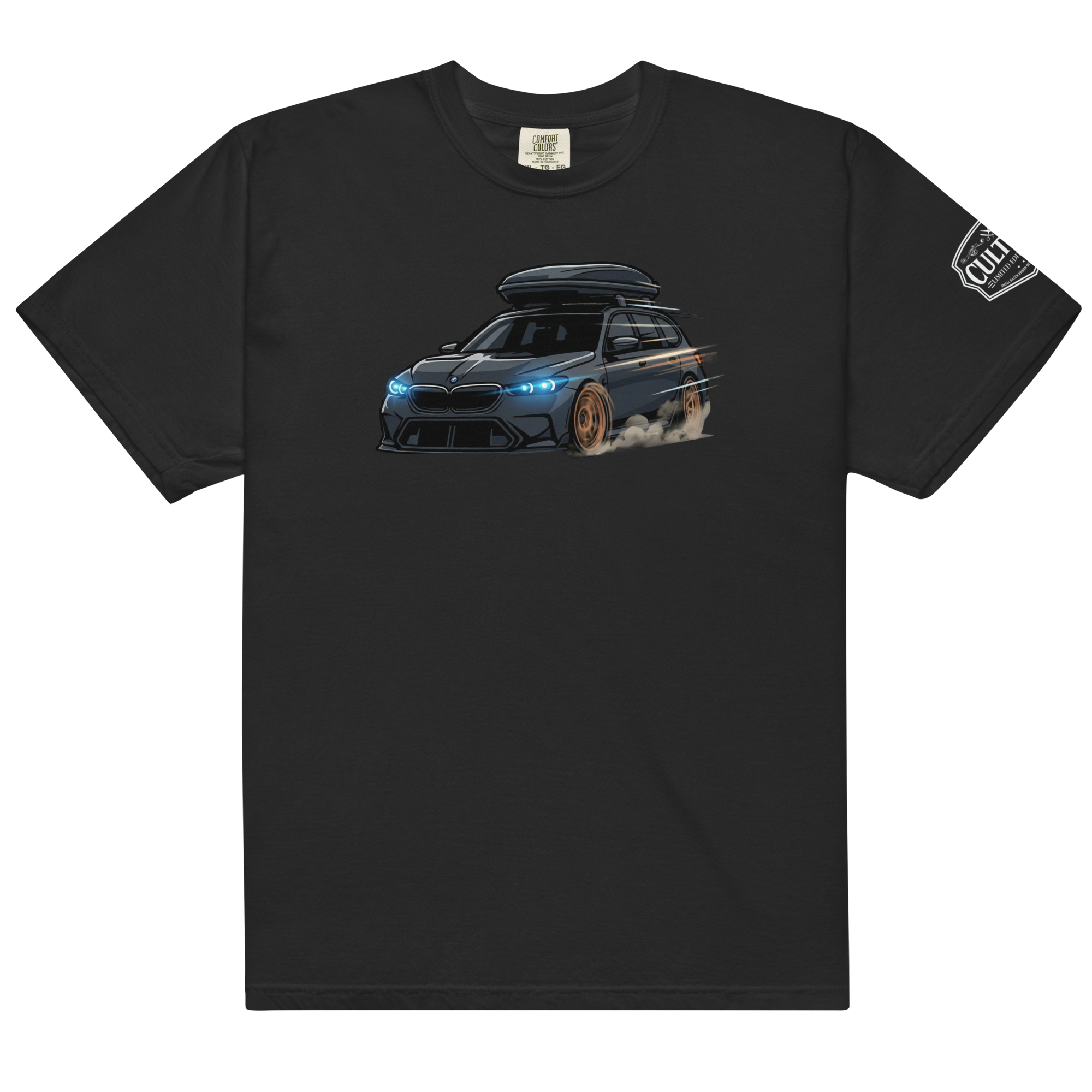 Close-up of the Culture Limited Tees logo printed on the left sleeve of the heavyweight cotton shirt.