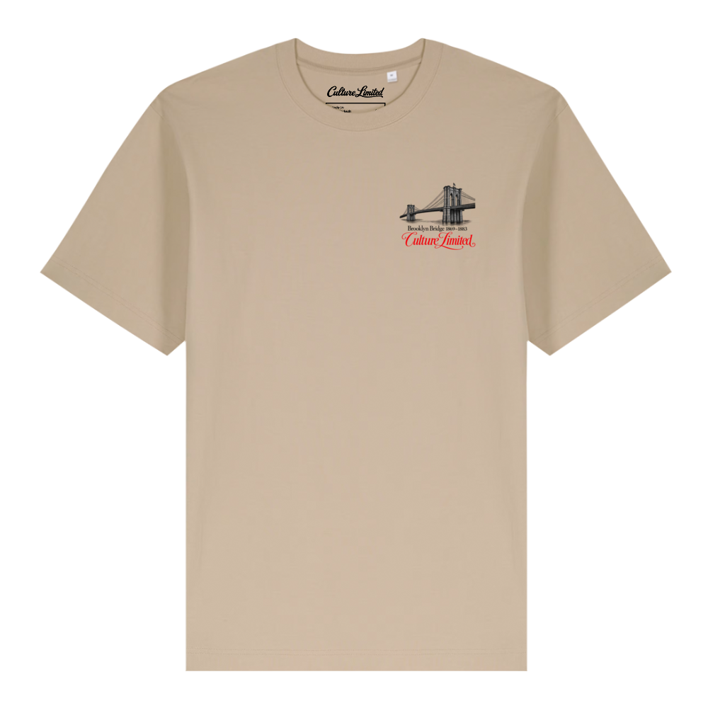 Brooklyn Bridge 1883 NYC Architectural Heritage heavyweight tee in Desert Dust, front view with bridge illustration and red Culture Limited script on the left chest