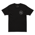 Black t-shirt with a logo on the chest against a white background