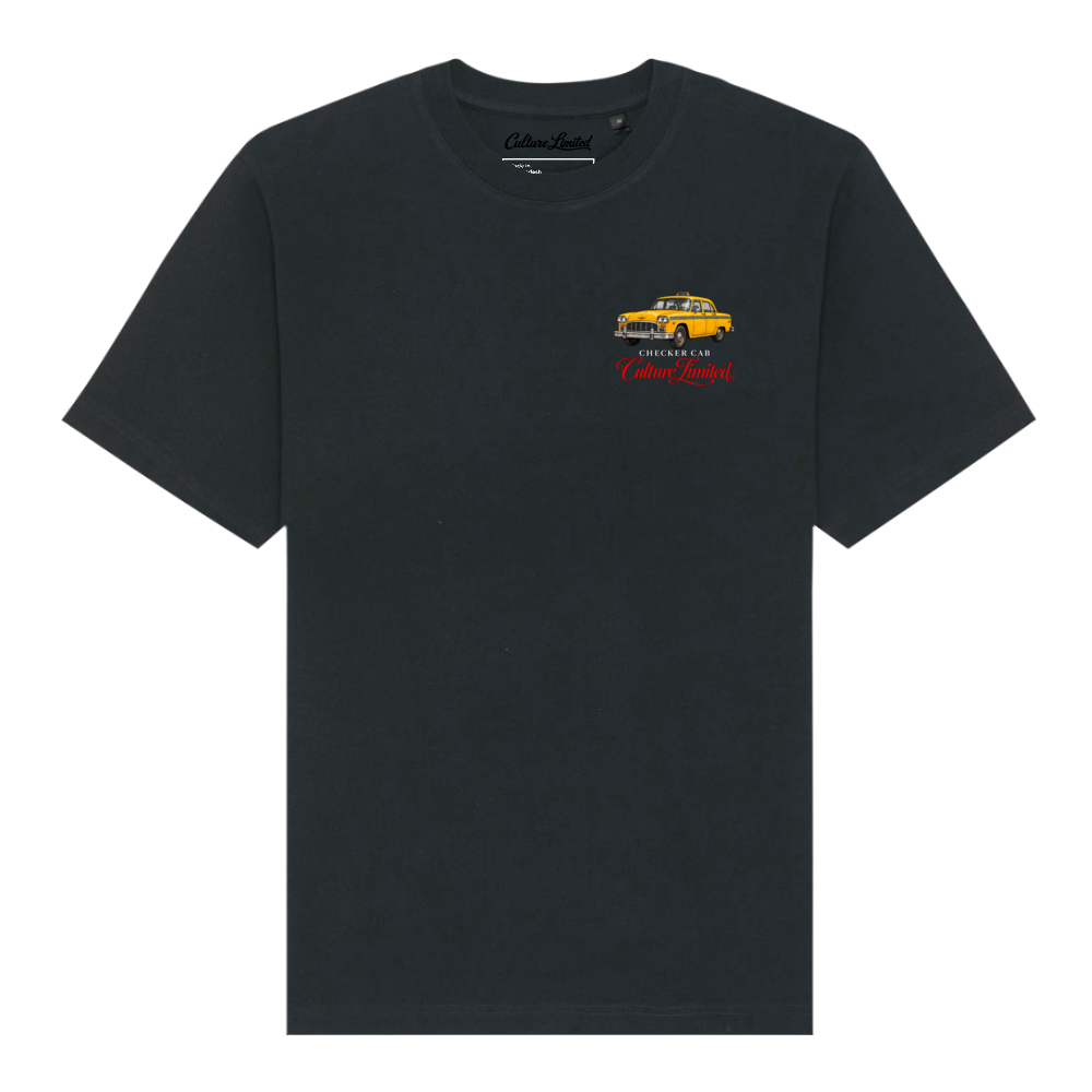 Checker Cab heavyweight tee in Black, front with yellow New York cab and red Culture Limited left-chest emblem