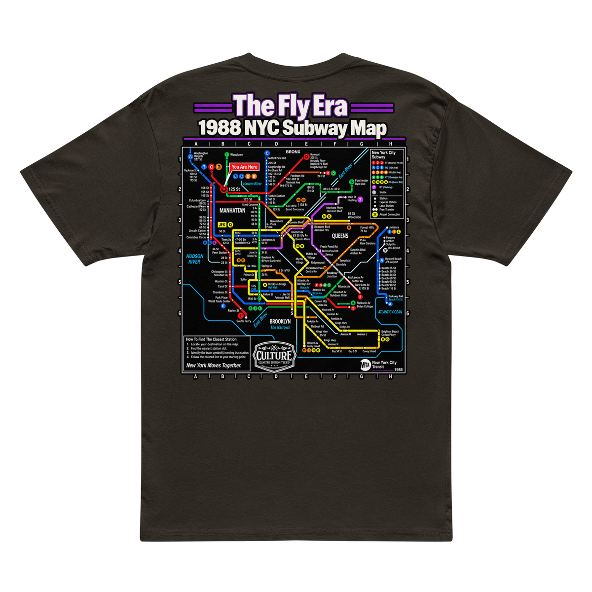 Culture Limited The Fly Era 1988 NYC Subway Map Tee back graphic with 125 Street Harlem marker
