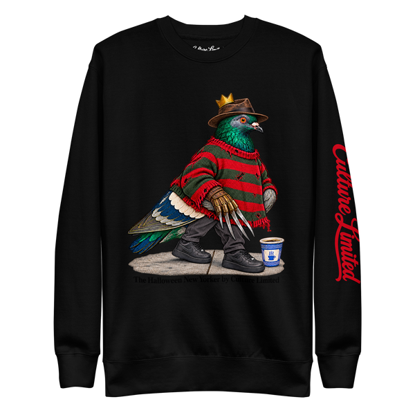 Native New Yorker Halloween Crewneck by Culture Limited, Black, full front view with Halloween pigeon graphic, red left sleeve script and inside label