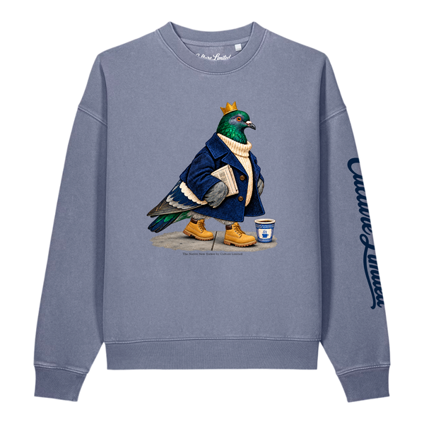Culture Limited Native New Yorker Vintage Crewneck in Blue Grey, front view, crowned pigeon graphic and navy left sleeve script