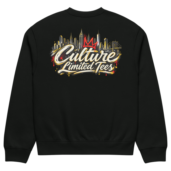 Black NYC skyline oversized crewneck sweatshirt with large Culture Limited back graphic