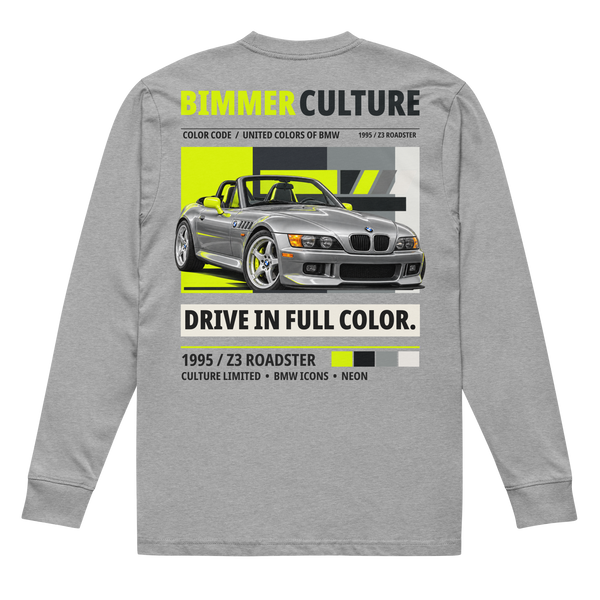 Drive In Full Color 1995 Z3 Roadster long sleeve tee in Carbon Grey, back view with silver roadster and neon yellow artwork