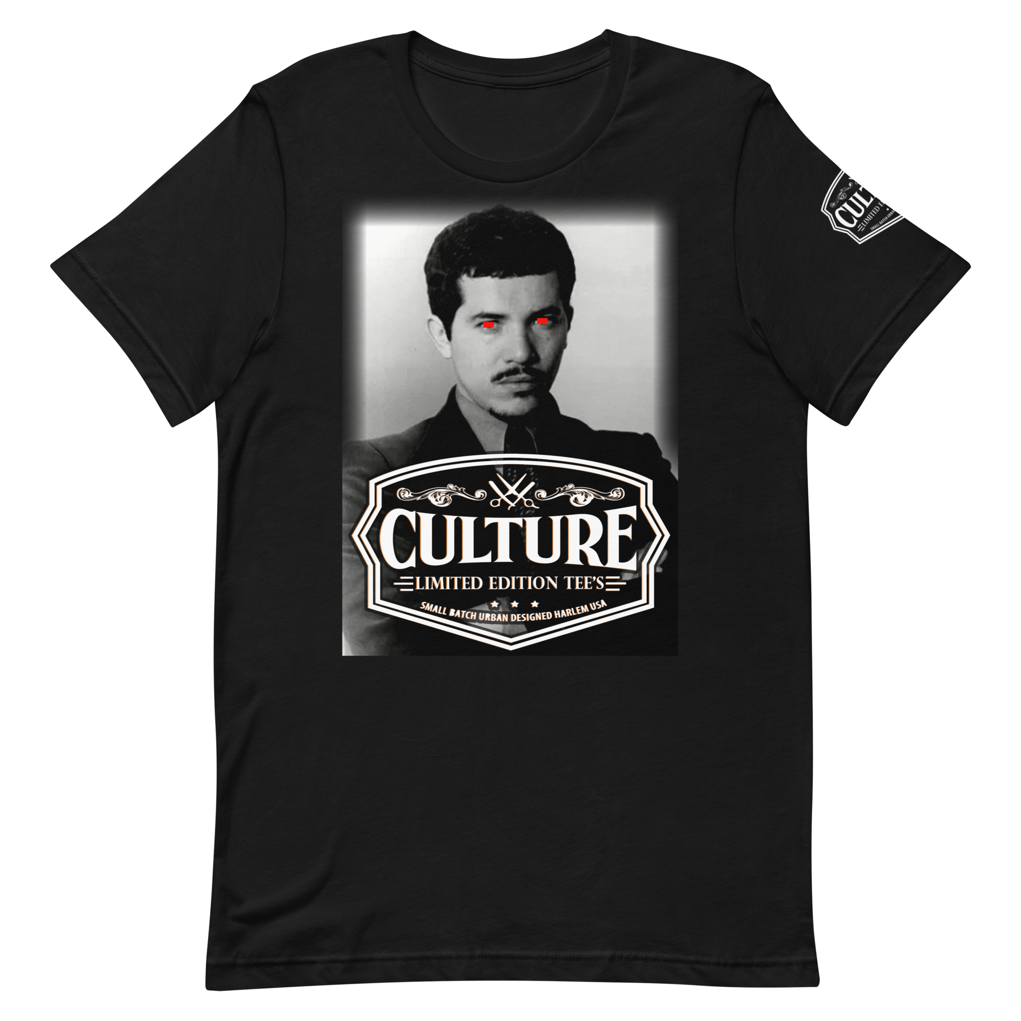 Black t-shirt with a graphic of a person and 'Culture' text on a white background