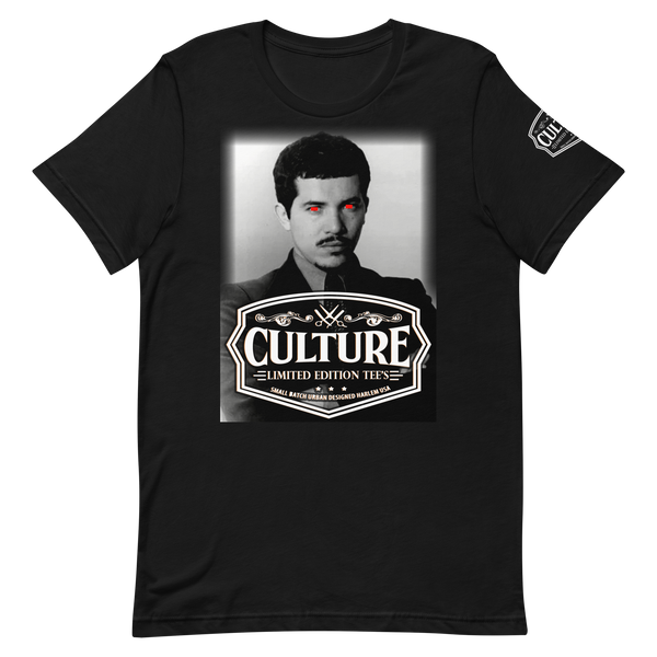 Black t-shirt with a graphic of a person and 'Culture' text on a white background