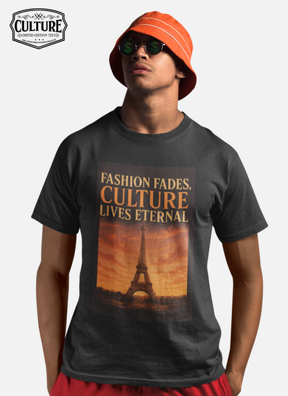Person wearing a black t-shirt with a graphic design and text, standing against a plain background.