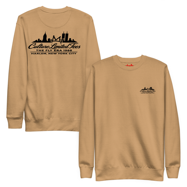 Culture Limited Fly Era 1988 Harlem NYC Crown premium crewneck in khaki with black logo, front and back