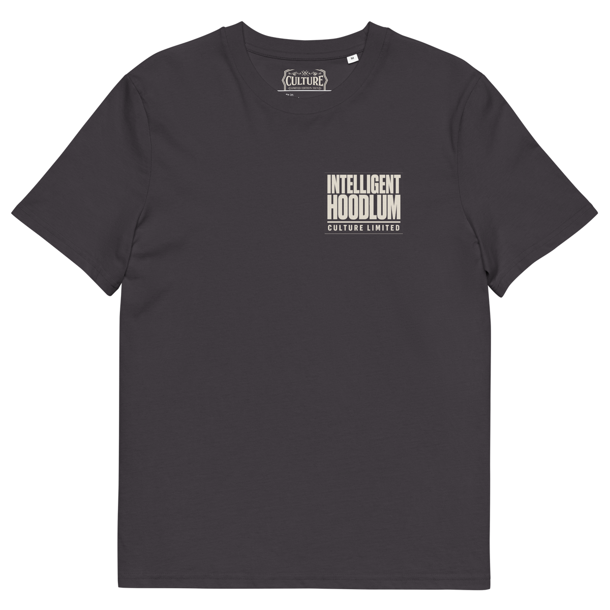 Intelligent Hoodlum anthracite t-shirt with bone white minimalist chest print Culture Limited