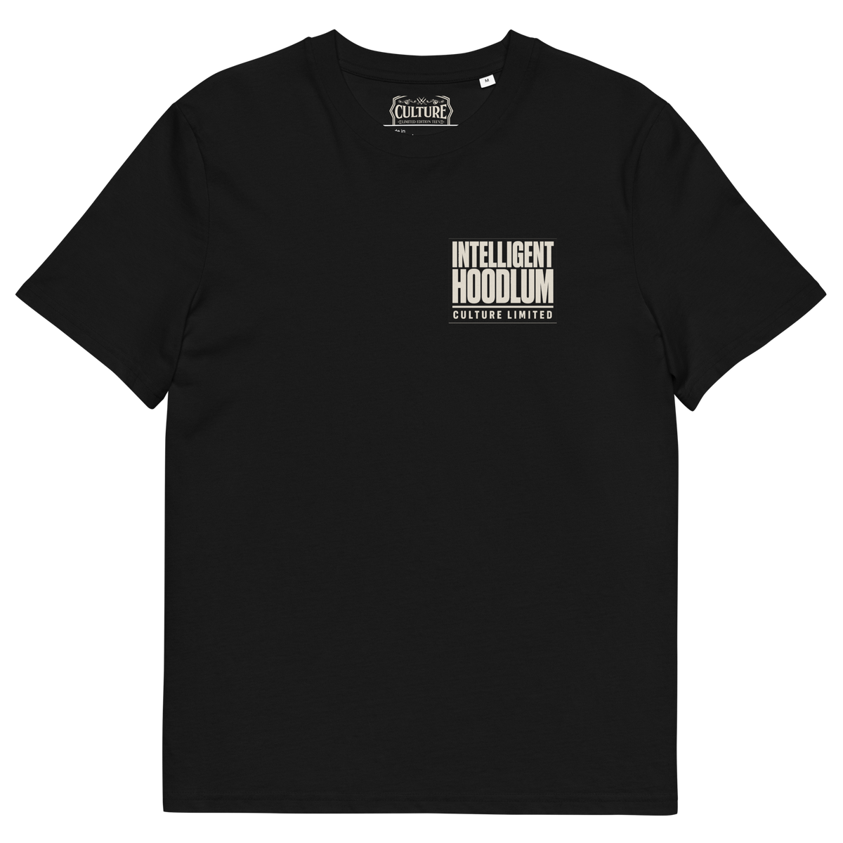 Premium black tee with Intelligent Hoodlum graphic clean chest design luxury casual fashion