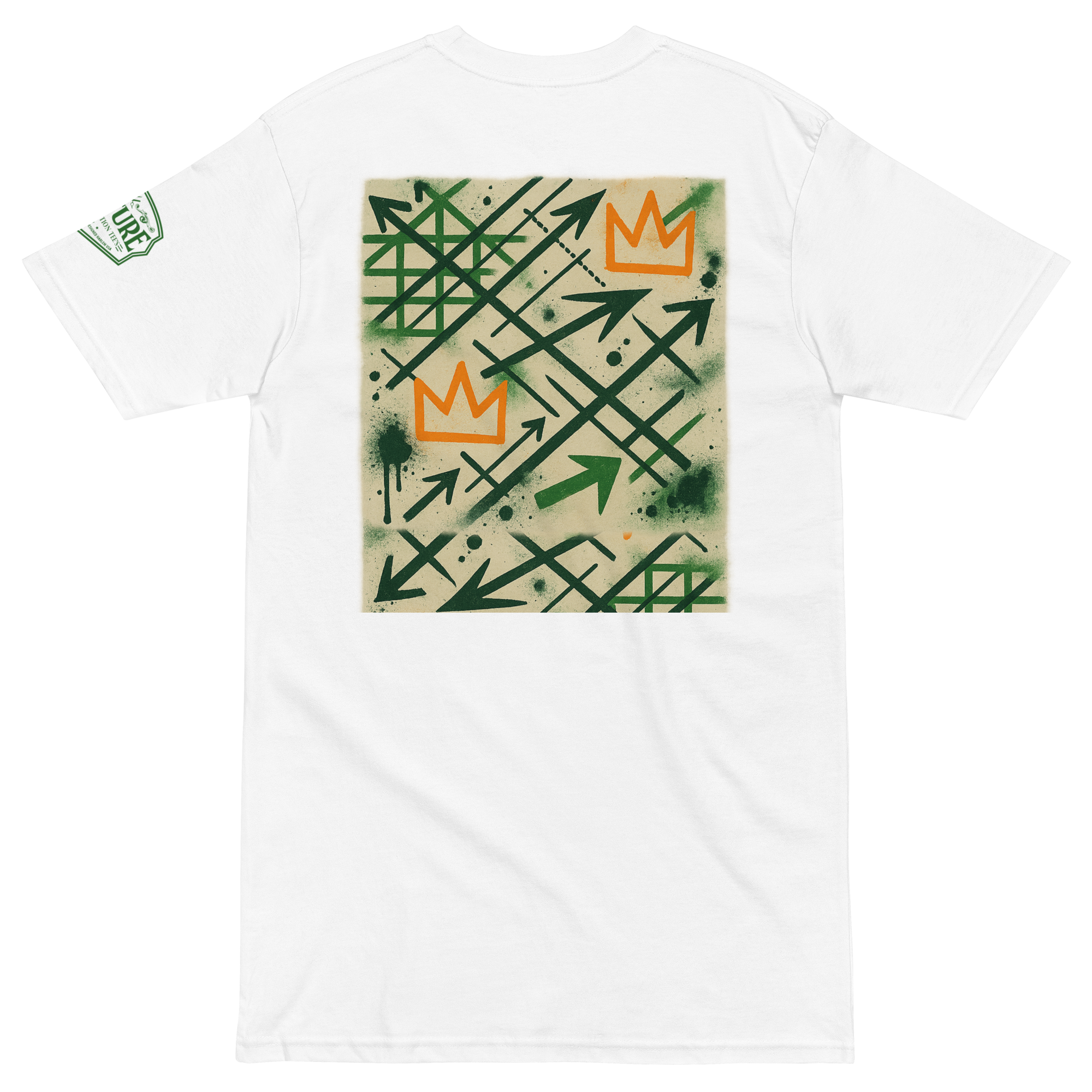 White t-shirt with green and orange graphic design on a white background