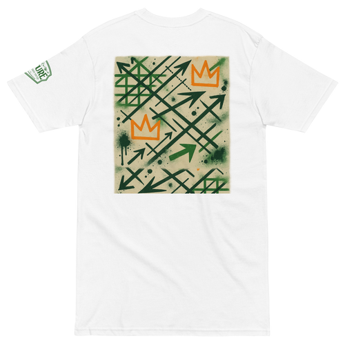 White t-shirt with green and orange graphic design on a white background