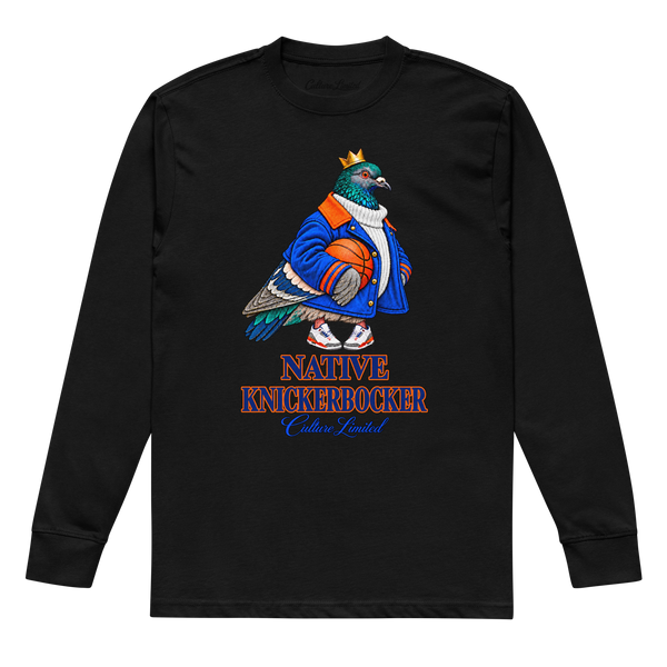 Native Knickerbocker Heavyweight Long Sleeve T-Shirt in Black, front, crowned pigeon in blue and orange carrying basketball