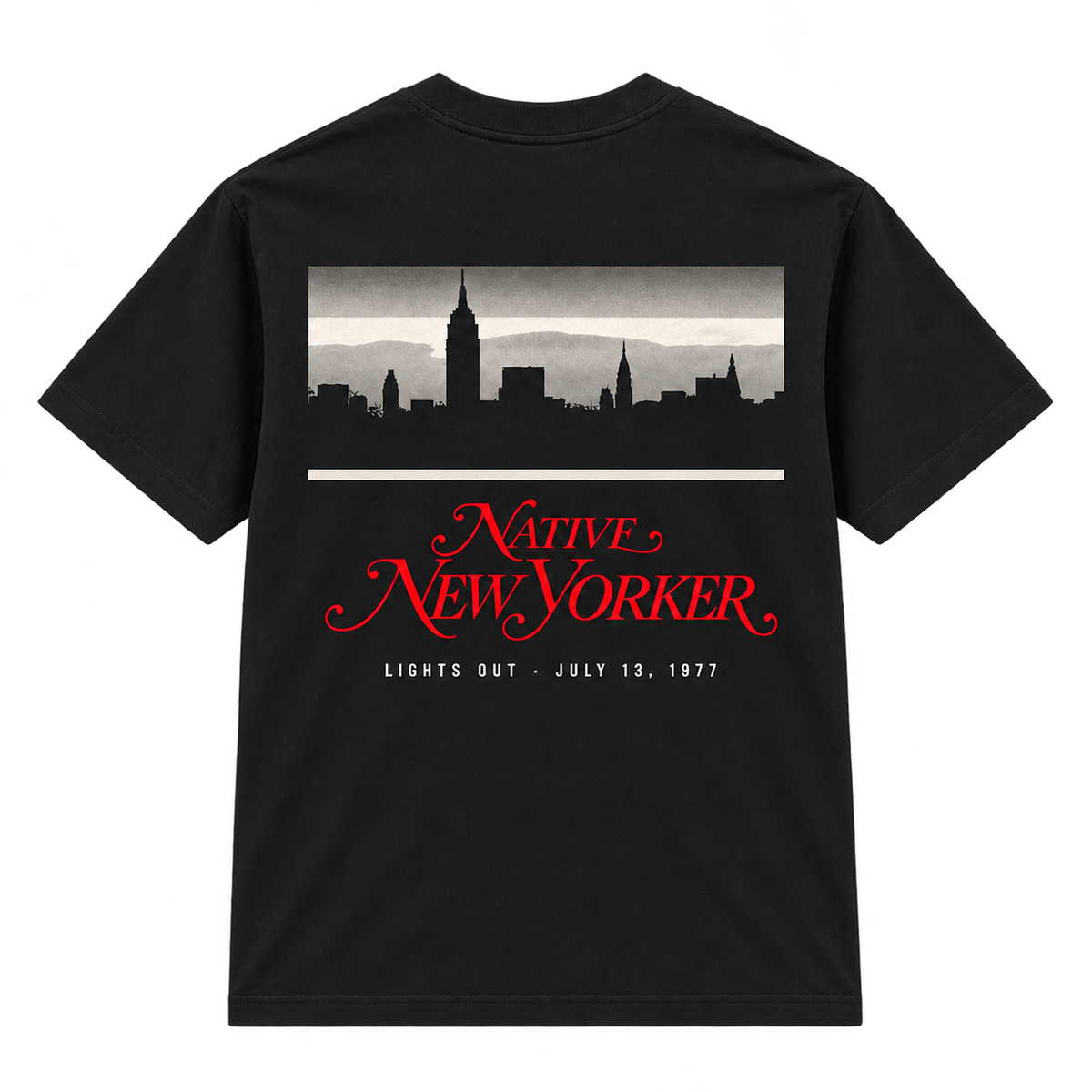 Native New Yorker Blackout black tee, flat back view with Manhattan skyline and red lettering