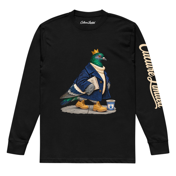 Native New Yorker Heavyweight Long Sleeve T-Shirt in Black, front pigeon graphic, cream Culture Limited left sleeve script and printed inside label