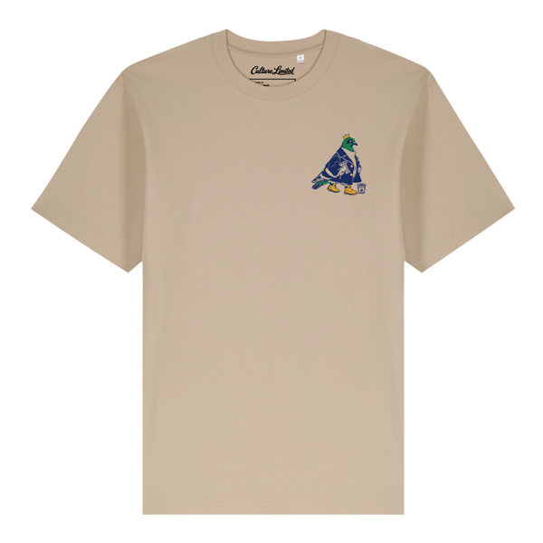 Native New Yorker Quad Color Pigeon heavyweight t-shirt in Desert Dust, crowned pigeon left-chest print and Culture Limited inside label