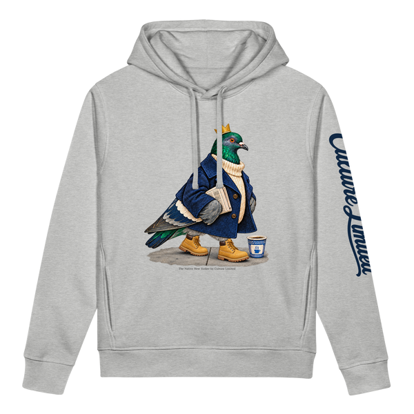 Native New Yorker Side Pocket Hoodie in Heather Grey, front pigeon graphic and navy Culture Limited left sleeve script