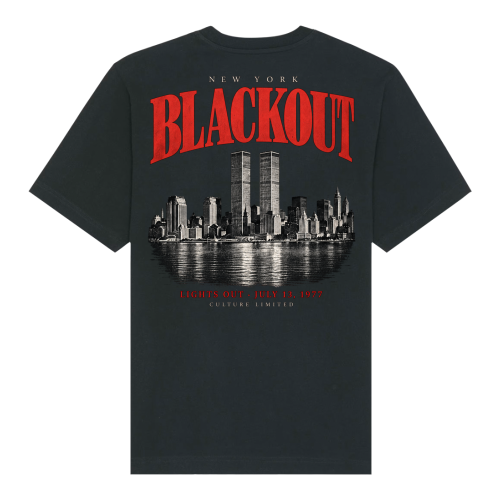 New York's New Yorker Blackout 1977 Premium Tee in black, back view with red Blackout lettering and a Manhattan skyline print
