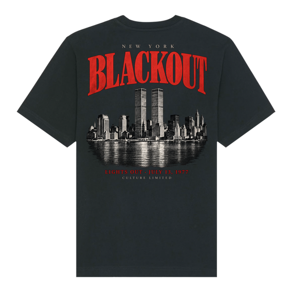 New York's New Yorker Blackout 1977 Premium Tee in black, back view with red Blackout lettering and a Manhattan skyline print