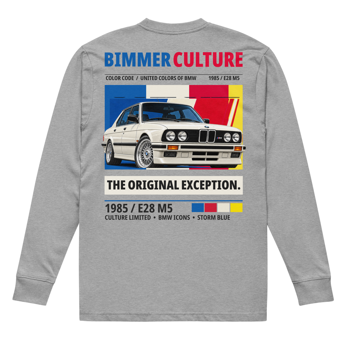 The Original Exception 1985 E28 M5 long sleeve tee in Carbon Grey, back view with white sedan and blue, red, cream and yellow artwork