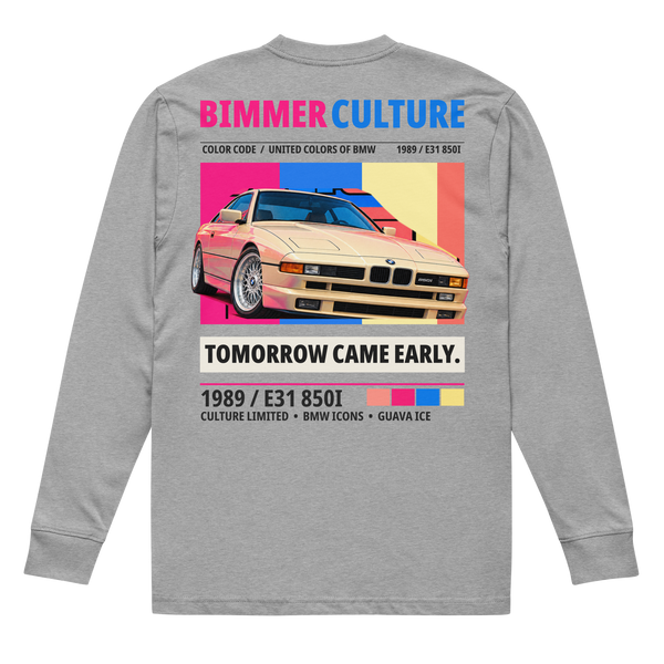 Tomorrow Came Early E31 850i long sleeve tee in Carbon Grey, back view with cream coupe and pink, blue, coral and yellow color blocks